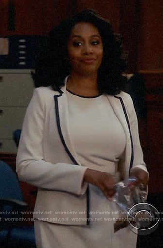 Lola's white contrast trim blazer and dress on All Rise