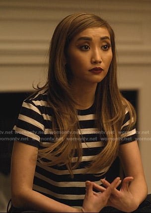 Madison's black and white striped cropped tee on Dollface