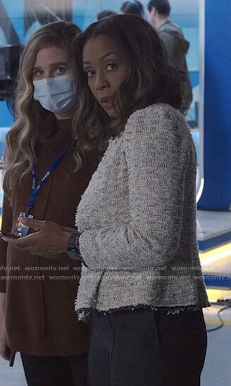 Mia's tweed peplum jacket on The Morning Show