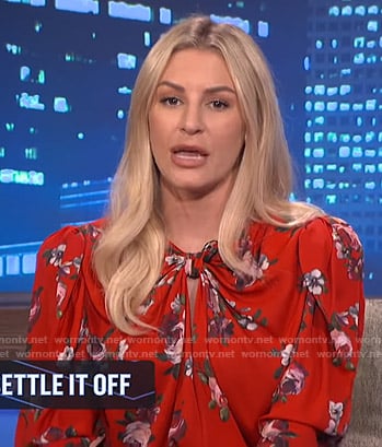 Morgan's red floral knotted mini dress on E! News Nightly Pop