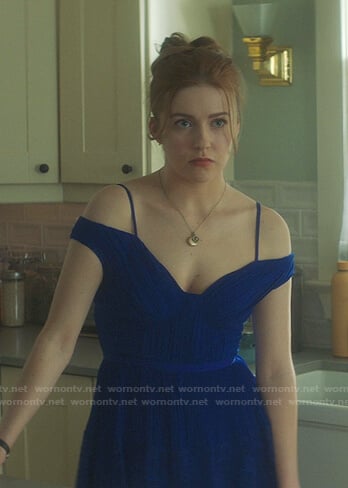 Nancy's blue cold-shoulder tiered dress on Nancy Drew