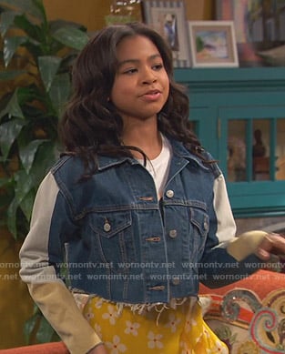 Nia's colorblock cropped denim jacket on Ravens Home