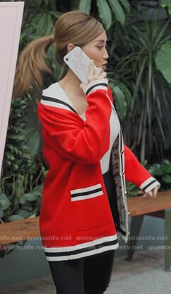 Madison's red stripe trim cardigan on Dollface