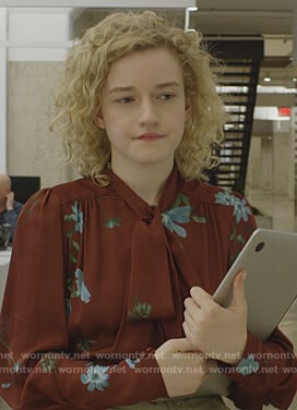 Maddy's red floral tie blouse on Modern Love