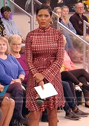 Tamron's red tie waist mini dress on Tamron Hall Show