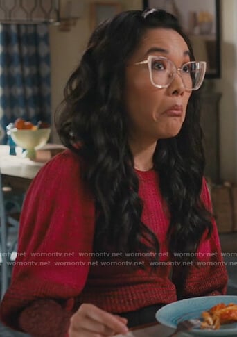 Doris's red stripe puff sleeve sweater on American Housewife
