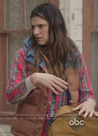 Rio's red plaid shirt and puffer vest on Bless This Mess