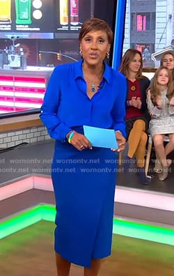 Robin's blue blouse and wrap skirt on Good Morning America