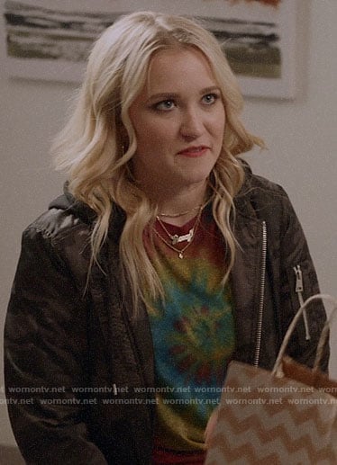 Roxy's tie dye tee and camo jacket on Almost Family