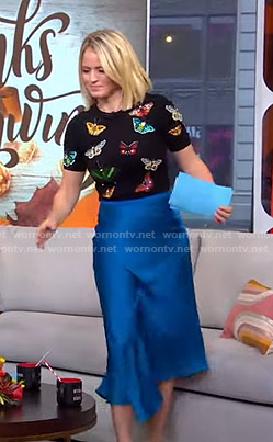 Sara's butterfly sweater and blue asymmetric skirt on GMA Strahan Sara And Keke