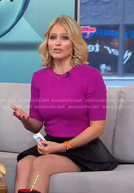 Sara's purple ribbed sweater and pleated mini skirt on GMA Strahan Sara And Keke
