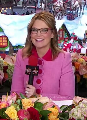 Savannah's pink and red contrast coat at Macy's Thanks Giving Parade