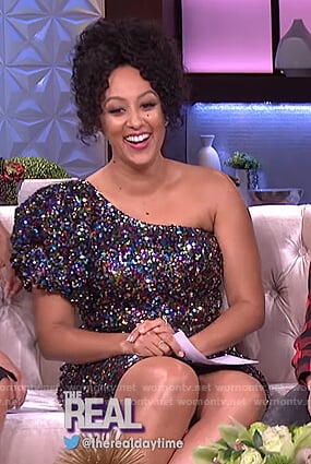 Tamera's one shoulder sequin dress on The Real
