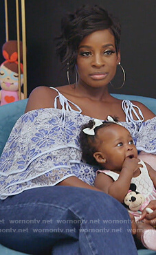 Shamea's blue floral ruffle lace top on The Real Housewives of Atlanta