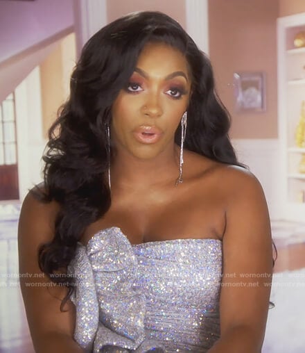 Porsha's metallic strapless ruffle dress on The Real Housewives of Atlanta