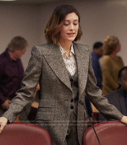Sydney's grey 3 piece suit on Bluff City Law