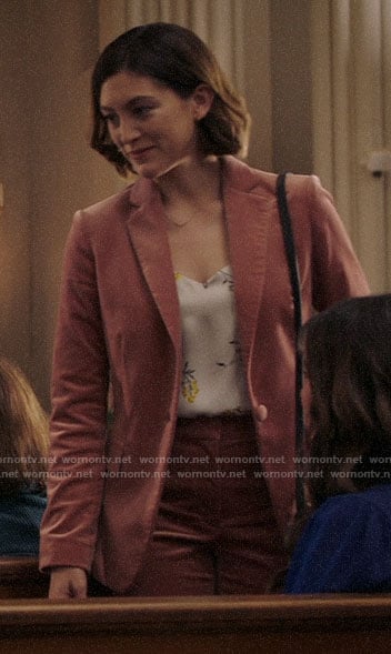 Sydney's floral cami and pink velvet suit on Bluff City Law