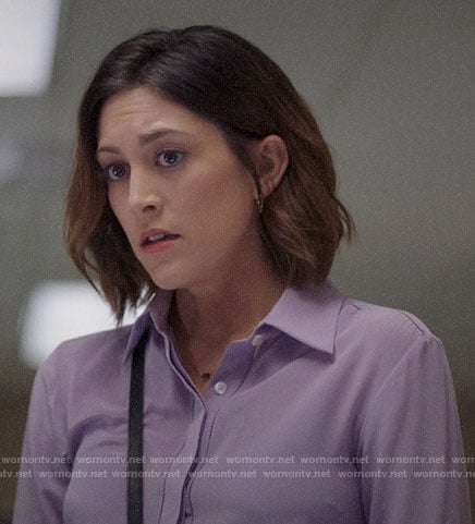 Sydney's purple button front blouse on Bluff City Law