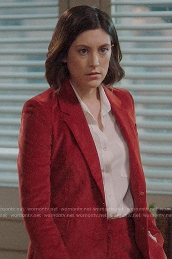 Sydney's red corduroy suit on Bluff City Law