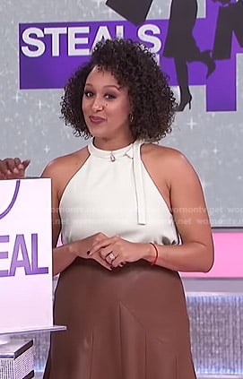 Tamera's white tie neck top and brown skirt on The Real