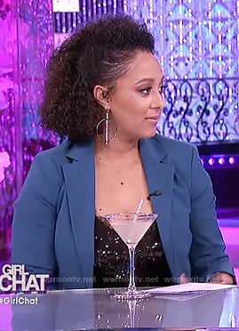 Tamera's black sequin cami and teal suit on The Real