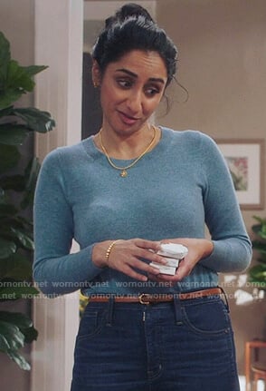 Mallory's blue cashmere sweater on Sunnyside