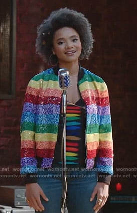 Vanessa's rainbow sequin jacket and tie dye top on Dynasty