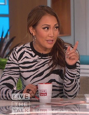 Carrie's white embellished zebra stripe sweater on The Talk
