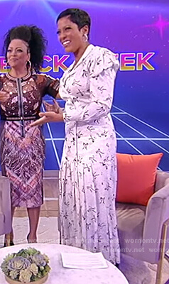 Tamron's white floral pleated dress on Tamron Hall Show