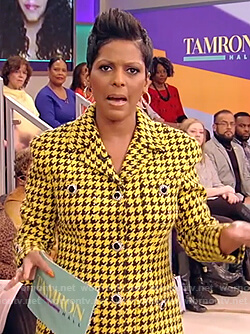 Tamron's yellow houndstooth blazer and skirt on Tamron Hall Show
