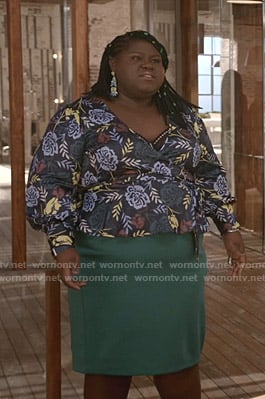 Becky's floral wrap blouse and green skirt on Empire