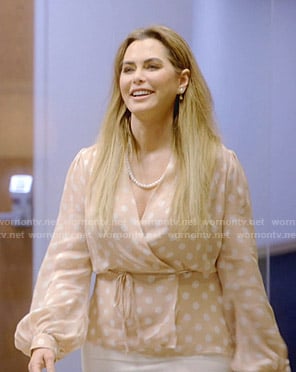 D'Andra's blush polka dot wrap blouse on The Real Housewives of Dallas