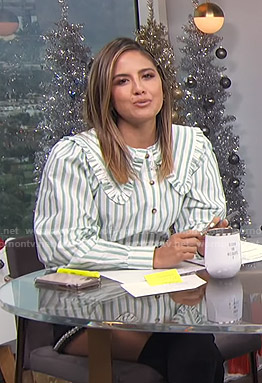 Erin's green and white striped blouse and black shorts on E! News Daily Pop