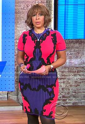 Gayle's pink and purple printed knit dress on CBS This Morning