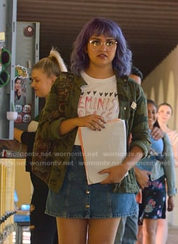 Gert's Feminist Badass print tee and denim skirt on Marvels Runaways