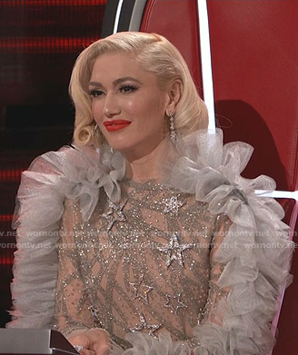 Gwen Stefani's embellished ruffled tulle sleeve dress on The Voice