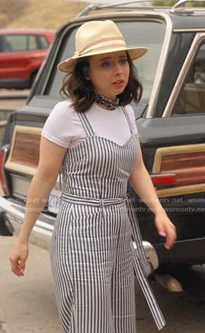 Izzy's striped belted jumpsuit on Dollface