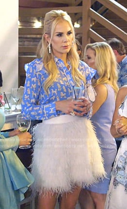 Kameron's blue dog print blouse and feather skirt on The Real Housewives of Dallas