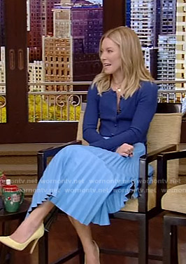 Kelly's blue cardigan and pleated skirt on Live with Kelly and Ryan