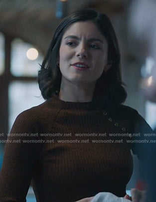 Liz's brown ribbed button detail sweater on Stumptown