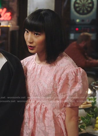 Mei's pink puff sleeve lace dress on Sunnyside