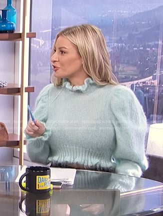 Morgan's mint green ruffled puff sleeve sweater on E! News Daily Pop
