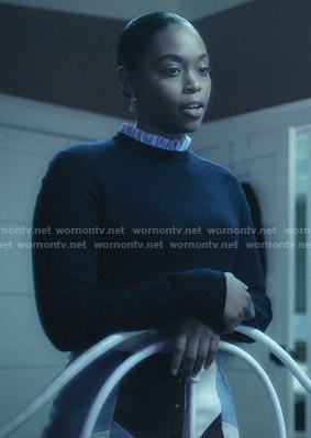 Anissa's navy frilled neck sweater on Black Lightning