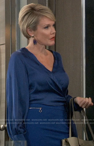 Ava's blue wrap blouse and zip detail skirt on General Hospital