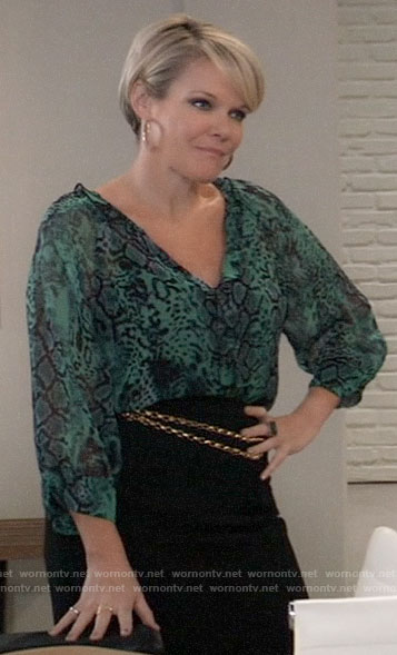 Ava's green snake print blouse on General Hospital