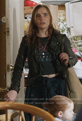 Sandy's black leather hooded jacket on Shameless