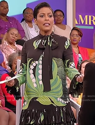Tamron's black lily print dress on Tamron Hall Show