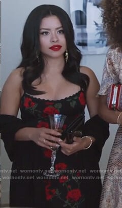 Mariana's black rose print dress on Good Trouble