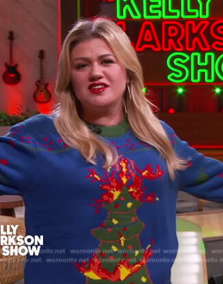 Kelly's blue ugly Christmas sweater on The Kelly Clarkson Show