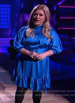 Kelly's blue satin mini dress on The Kelly Clarkson Show